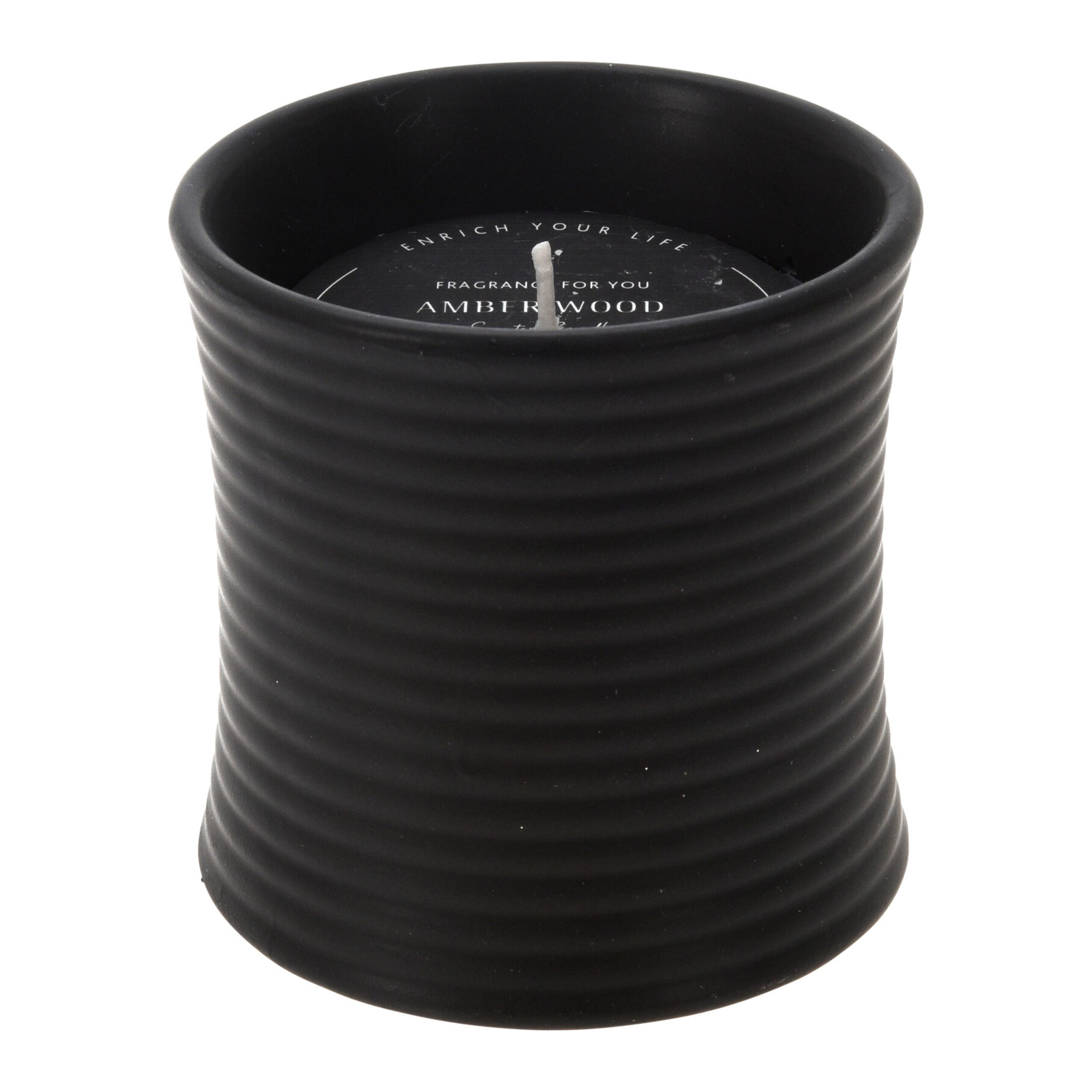 Geurkaars Amber Wood in zwarte ronde keramische pot 10x10cm (per 2 stuks) – B2B