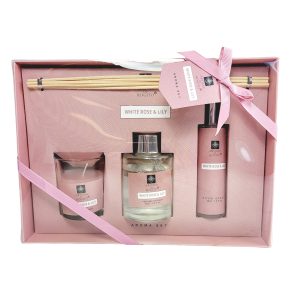 Cadeauset White Rose & Lily met geurstokjes geurkaars en roomspray in cadeauverpakking - Afbeelding 2