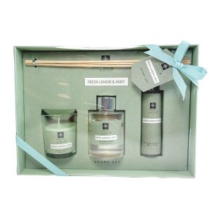 Cadeauset Fresh Lemon & Mint met geurstokjes geurkaars en roomspray in cadeauverpakking - Afbeelding 2