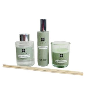 Cadeauset Fresh Lemon & Mint met geurstokjes geurkaars en roomspray in cadeauverpakking - Afbeelding 1