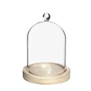 Glazen stolp 15cm hoog en 12cm breed met knop en blanco houten basis – B2B