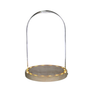 Glazen stolp XL 25.5cm hoog en 17cm breed met LED verlichting blanco houten basis – B2B